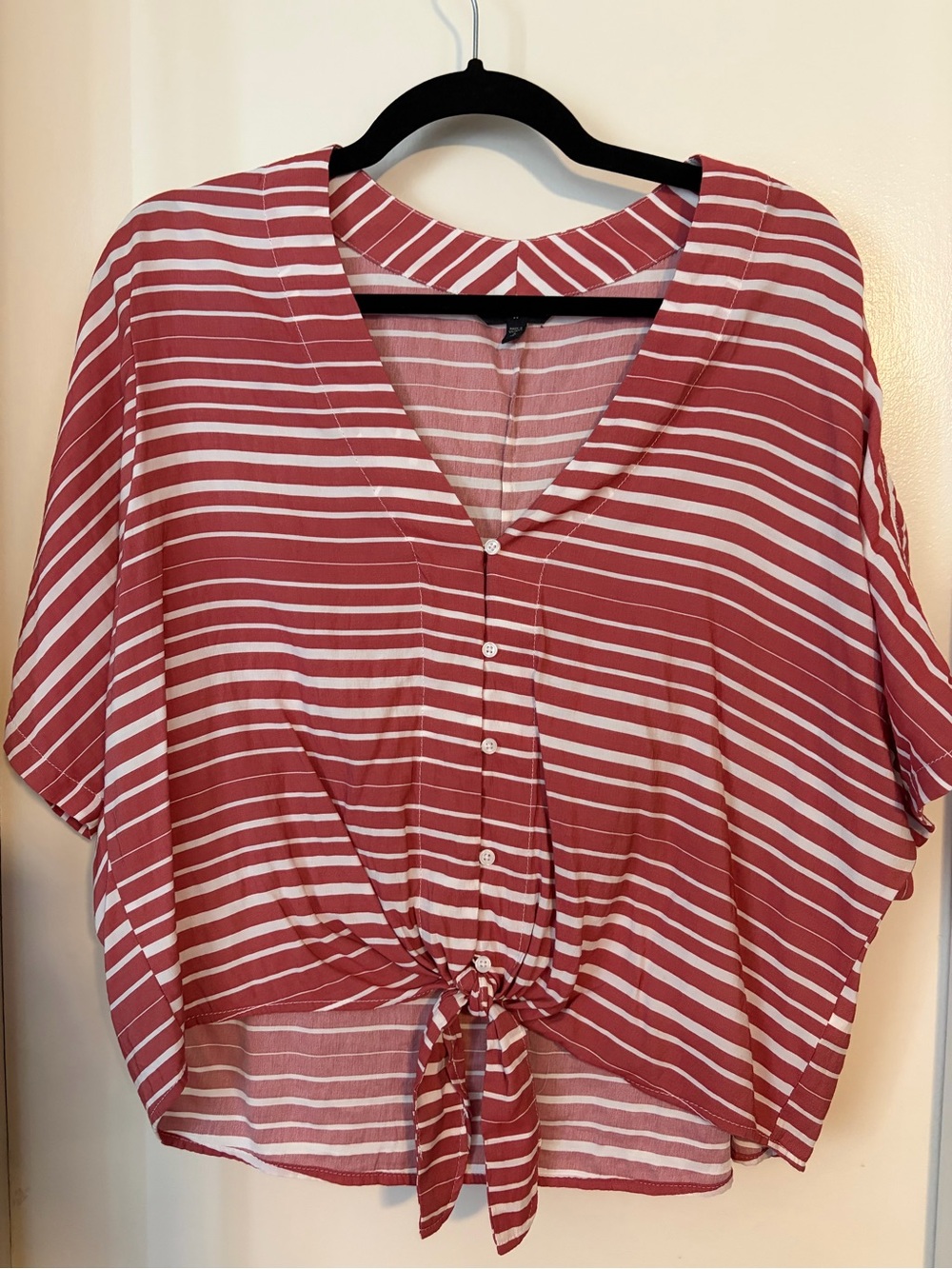 Womens Stripe Tie-Front Short Sleeve Top